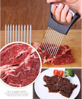 Stainless Steel Onion Holder & Vegetable Slicer – Cutting Guide